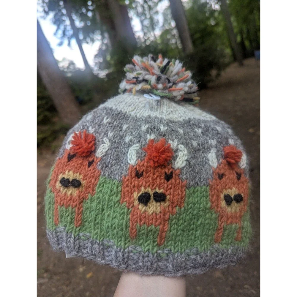 NWT Pachamama Herd of Highland Cow Knitted Wool Tea Cosy Fleece Lined Fair Trade